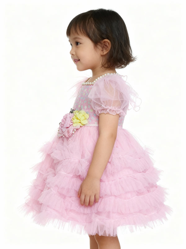 Baby Pink Net Frilled Dress For Girls