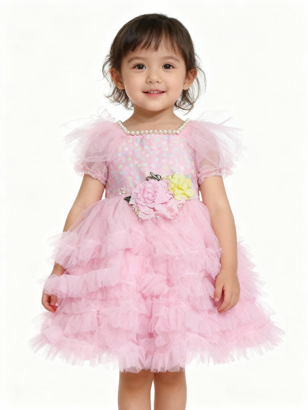 Baby Pink Net Frilled Dress For Girls