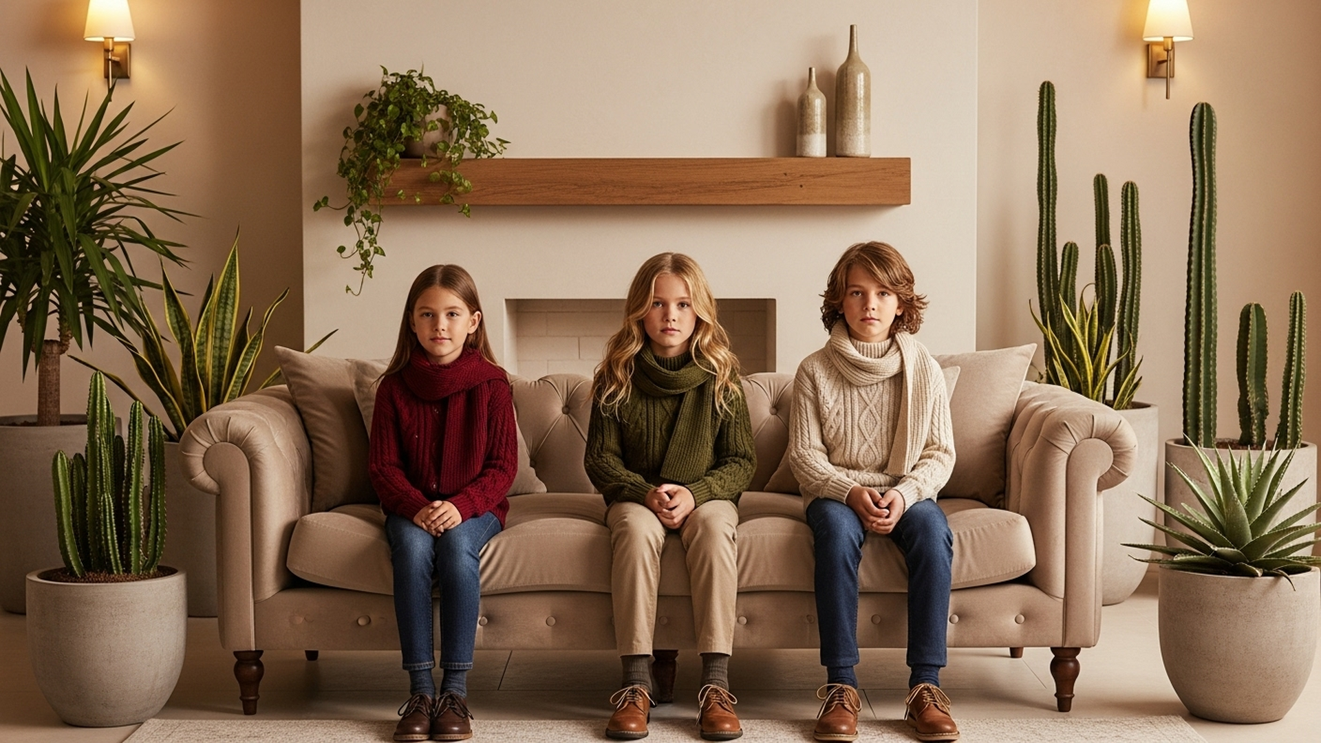 Three children sitting on a couch in a living room with plants around
